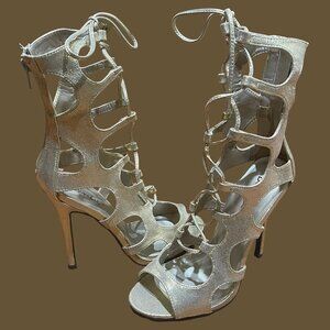 Rusty Gold Lace-Up Gladiator Stiletto Sandals – Metallic Cutout • Statement Heel